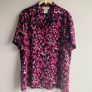 Vintage Retro Gillian Perrie Blouse Shirt Blue Pink Abstract Button Front Medium